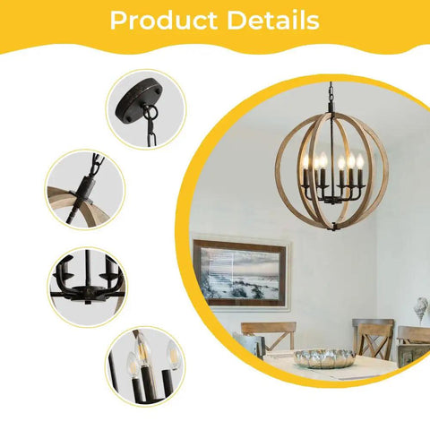 Orb 6 Light Farmhouse Chandelier In Brown Wood Finish With Globe Design displayed in a dining room setting with close-up details.