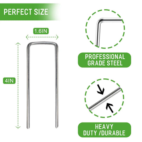 Diagram showing Beefy Galvanized Landscape Staples 4 Inch 12 Gauge Heavy Duty Garden Stakes Pack Of 50 dimensions and features.