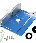 Top Tier Anodized Router Table Insert Plate For Woodworking Benches Smooth Flip Assembly With Miter Gauge Track Durable Aluminum Fence And No Sweat Bolt In Bracket Mounts Blue Real Deal Precision Upgrade Kit with adjustable fence and hardware.
