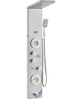 6-Mode Shower Panel System with Rainfall, Waterfall & 4 Body Massage Jets in sleek stainless steel design.