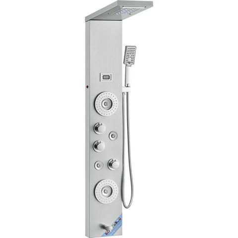 6-Mode Shower Panel System with Rainfall, Waterfall & 4 Body Massage Jets in sleek stainless steel design.