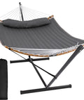 Double Portable Hammock With Stand For Two People, curved spreader bar, balance ropes, dark gray, cozy quilted polyester, outdoor gear