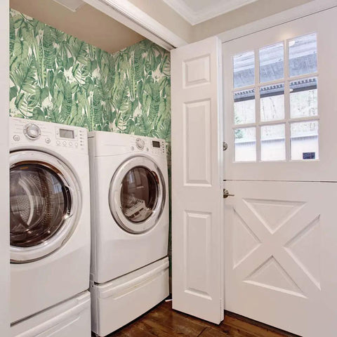 Laundry room with Jungle Green Tropical Peel And Stick Wallpaper Removable Self Adhesive Wall Covering for Easy DIY Decor.