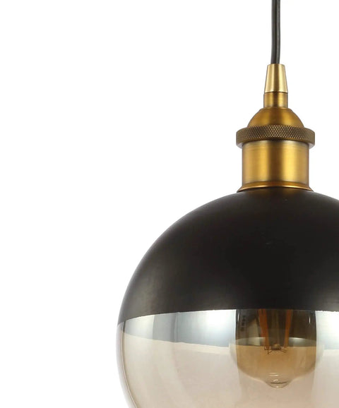 Close-up of Brass Gold And Black Mid Century Modern Globe Pendant Light With Adjustable Cord And LED Bulbs Included, Champagne Smoked Glass Shade
