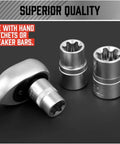 Ultimate 21 Piece Female E Torx Star Socket Set With Universal Joint Adapter Kit For Impact Drivers Including Full Range E4 To E24 Sockets And Magnetic Guide Rail Swivel Adapters In Durable Blow Molded Case, three sockets and ratchet