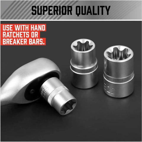 Ultimate 21 Piece Female E Torx Star Socket Set With Universal Joint Adapter Kit For Impact Drivers Including Full Range E4 To E24 Sockets And Magnetic Guide Rail Swivel Adapters In Durable Blow Molded Case, three sockets and ratchet