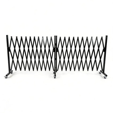 Beefy Pro Heavy Duty Expandable Steel Safety Gate With Smooth Glide Casters Mobile Scissor Safety Barrier for Construction Zone Lockdown and Zero Hassle Crowd Control Setup, black scissor gate on casters.