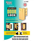 Door Reinforcement Lock With 3 Inch Stop For Extra Home Security, Aluminum Construction, Polished Brass Finish, Quick Install For Protection From Forced Entry Single Pack on product packaging with security features displayed.