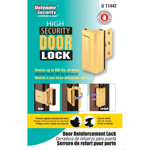 Door Reinforcement Lock With 3 Inch Stop For Extra Home Security, Aluminum Construction, Polished Brass Finish, Quick Install For Protection From Forced Entry Single Pack on product packaging with security features displayed.