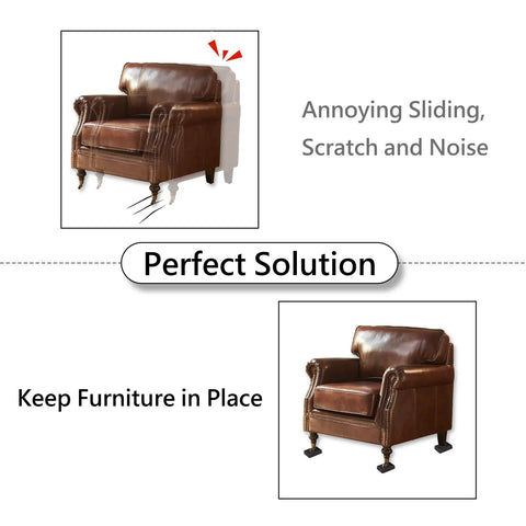 Comparison of a leather armchair with and without non slip rubber furniture caster cups for wheels floor protection.