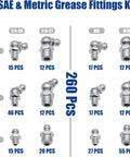 260-Piece SAE And Metric Grease Fittings Kit With Quarter Inch, Eighth Inch, M6 And M10 Straight, 90 Degree And 45 Degree Angled Zerks