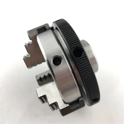 Kick ass mini wood lathe chuck, 3 Jaw Self-Centering K01-63 close-up showing durable metal build and grip mechanism.