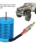 High Torque 4 Pole Brushless RC Motor 3000KV 13T For 1/10 Scale RC Cars with connected wires next to an RC car model