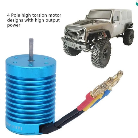 High Torque 4 Pole Brushless RC Motor 3000KV 13T For 1/10 Scale RC Cars with connected wires next to an RC car model