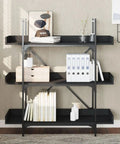Engineered Wood 3 Tier Bookcase With Black Metal Frame, 42.7 Inch Tall Bookshelf holding books and decor against a wall