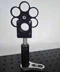 Half Inch Six Position Filter Wheel For 30mm Cage Systems Coaxial Filter Holder With Threaded Interface Quick Swap For Telescope Accessories Ideal For Planetary Moon And Nebula Viewing 25 4mm Compatible, shown mounted on a perforated base