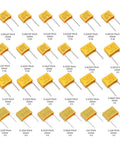 24 Value Safety Capacitor Kit For DIY Nerds With 164 Pieces MKP Film Capacitors varying sizes arrayed on white background