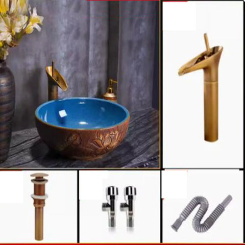 Bathroom Container Sink Pattern Pattern Ceramic Vessel Sink Round Oval Counter Ceramic Countertop Sink Art Basin-B (B) with faucet and accessories.