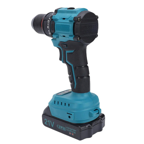 Badass Brushless Cordless Drill Kit With Heavy Duty Lithium Ion Battery Pack and Rock Solid Fifty Five Newton Meter Torque featuring a keyless chuck.