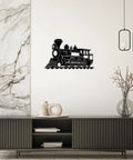 Vintage Steam Locomotive Metal Wall Art For Living Room Office And Apartment Black 16 Inch Dope Rustic Industrial Decor Sign Outdoor Durable Iron Sculpture For Your Modern Home, mounted above a modern sideboard.