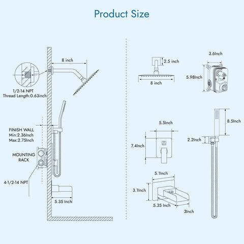 Technical diagram of Dope Wall Mount 3-Function Shower System With Handheld Spray and Waterfall Tub Spout, size dimensions labeled.