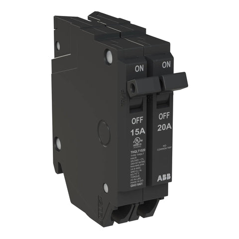 Straight Shooter Tandem Circuit Breaker for Load Centers featuring 15 and 20 Amp Slots with 10 Kaic Ratings, close-up view.