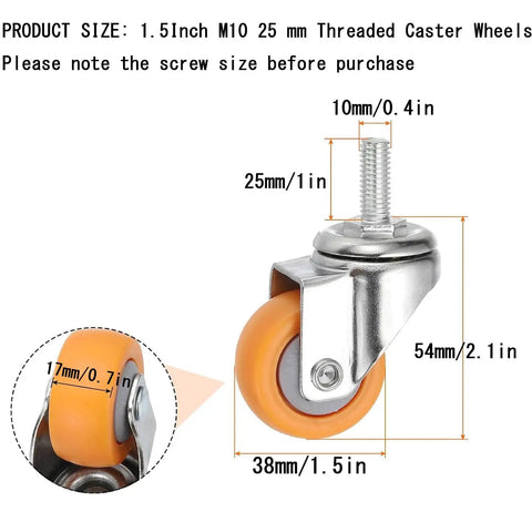 Built Tough As Nails Yellow Nylon Swivel Caster Wheels Metric Threaded Stem Roll slick on hardwood floors heavy duty showing dimensions and features.