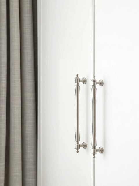 Transitional Satin Nickel Cabinet Pulls With 7 9/16 Inch Hole Centers, 6 Pack Zinc Alloy Drawer Handles For Kitchen, Vanity, Dresser Or Closet Upgrade Youll Love, Modern Subtle Brushed Finish shown installed on white cabinet.