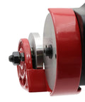 Close-up of TurboShear TSPC1 Rotary Panel Cutter Drill Attachment showing dual cutting wheels and red housing.