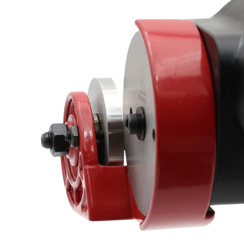 Close-up of TurboShear TSPC1 Rotary Panel Cutter Drill Attachment showing dual cutting wheels and red housing.