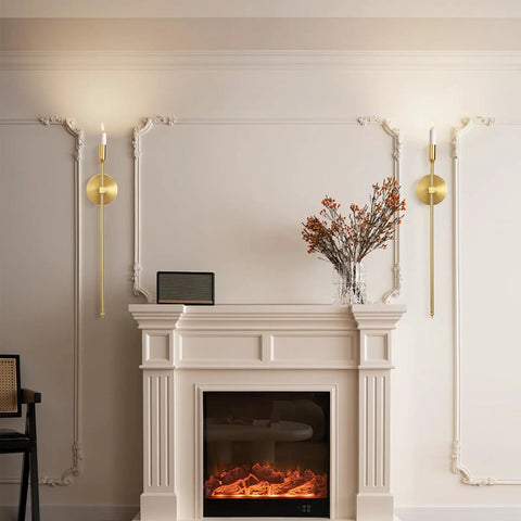 Sleek Gold Wall Candle Sconces Set Of Two Large 23 Inch Modern Light Fixtures For Bedroom Dining Room And Living Room Chic Home Decor That Delivers Major Flex Ambiance Always mounted beside a fireplace.