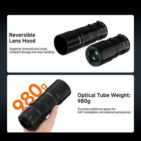 Astrophotography Kit With Petzval Lens APO And Off Axis Guider M48 Filter Drawer F4.5 Fast Aperture 203mm Focal Length Refractor Telescope support, showing reversible lens hood and weight 980g for EAF installation.