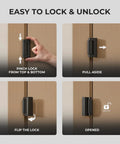 2 Pack Heavy Duty Home Security Door Reinforcement Lock For Kid Safety Inside Top Of Door Latch Stopper Aluminum Construction Front Door Childproof Lock That Withstands Up To 800 Lbs Inward Pressure shown in use; demonstrating lock, latch, and release mechanisms.