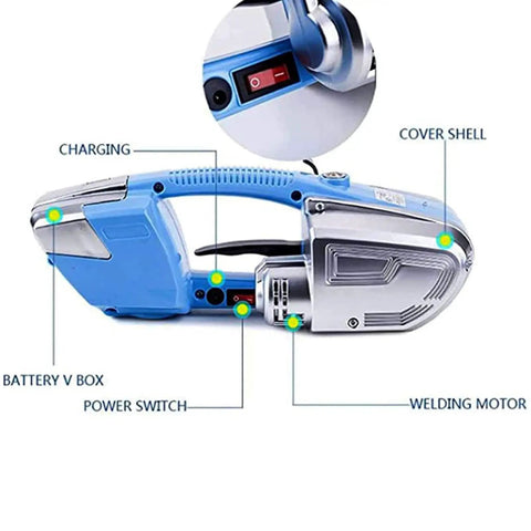 Portable Handheld Electric Strapping Machine Hot Melt Welding Banding Tool showing charging components and power switch details.