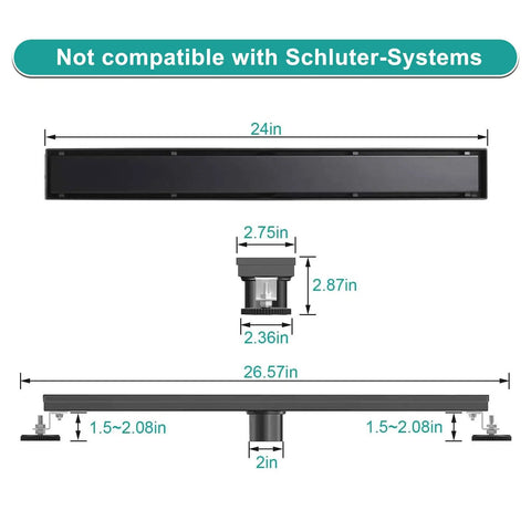 Diagram of 24 Inch Linear Shower Drain With 2 In 1 Flat And Tile Insert Matte Black Brushed 304 Stainless Steel dimensions.