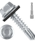 Heavy Duty Metal Roofing Screws Featuring Knockout Rubber Washers And Hex Bit Driver Ten Gauge By Three Fourth Inch Self Drilling Sheet Metal Fasteners For Rigid Builds And Zero Hassle Crews Wrapping Up Jobs Quick with hex head and rubber washer.