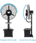 Industrial Mist Spray Fan With Adjustable Height And Three Speed Settings Knocking Out Summer Swelter For Bars And Backyards Heavy Duty Commercial Air Circulator Cooler That Delivers Ice Cold Air, showing adjustable angles.