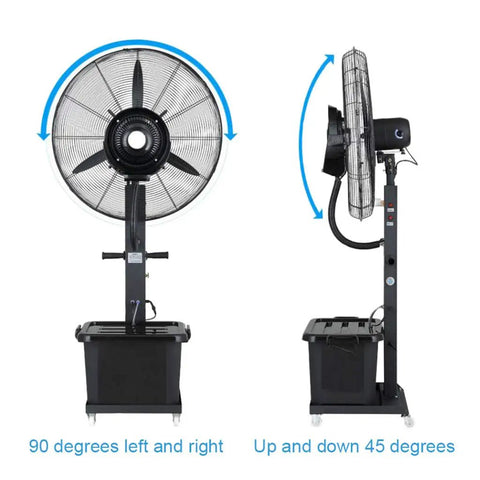 Industrial Mist Spray Fan With Adjustable Height And Three Speed Settings Knocking Out Summer Swelter For Bars And Backyards Heavy Duty Commercial Air Circulator Cooler That Delivers Ice Cold Air, showing adjustable angles.