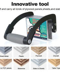 One Hand Plywood Carrier and Panel Lifter Clamp for Drywall and Sheet Goods with various material samples displayed.