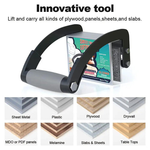 One Hand Plywood Carrier and Panel Lifter Clamp for Drywall and Sheet Goods with various material samples displayed.