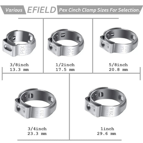 Diagram of various sizes of EFIELD PEX Cinch Clamps including Stainless Steel PEX Cinch Clamp Rings 3/4 Inch Pack Of 50.