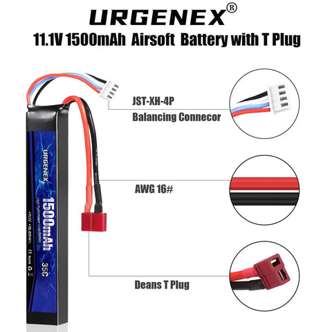 Diagram of 11.1V 1500mAh LiPo Battery for Airsoft Guns with Dean Style T Plug, showing JST XH-4P connector and AWG 16# wires.
