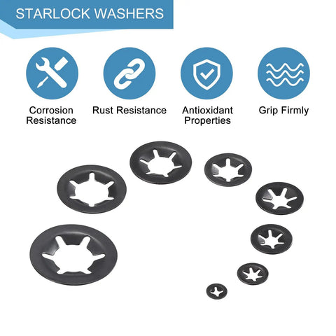 180 Piece Internal Tooth Lock Washer Assortment Kit With Eight Metric Sizes And Premium 65Mn Steel displayed with features like corrosion resistance.