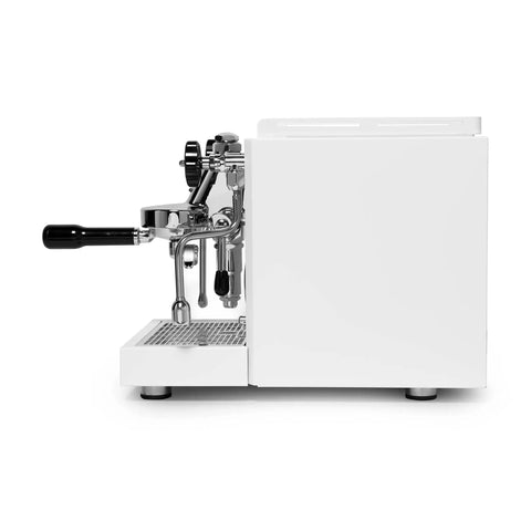 Next Level Home Bar Essentials Italian Handcrafted Espresso Machine With Heat Exchanger And E61 Manual Controls in sleek white finish.