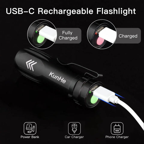 USB-C charging on KunHe mini flashlight, part of the Five Pack Mini USB-C Rechargeable Flashlights, Tiny Yet Mighty High-Lumen Pocket Lights
