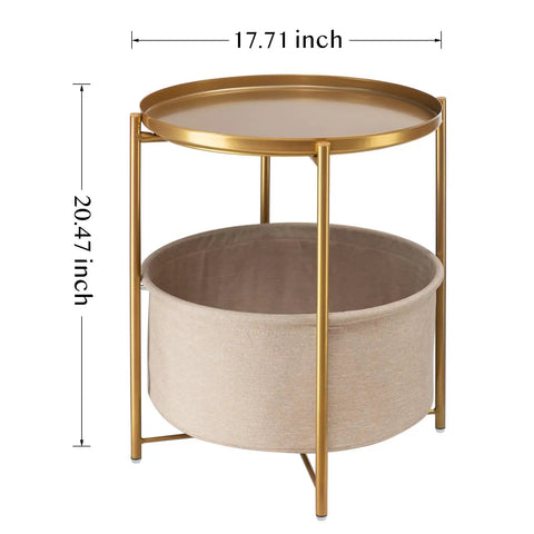 Round End Table With Removable Fabric Storage Basket And Tray Top, gold 17.71 x 20.47 inch metal frame.