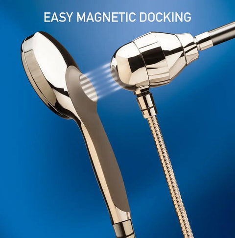 Handheld Showerhead With Magnetic Dock, Filtered Water For Softer Skin And Hair, Brushed Chrome, showing magnetic attachment