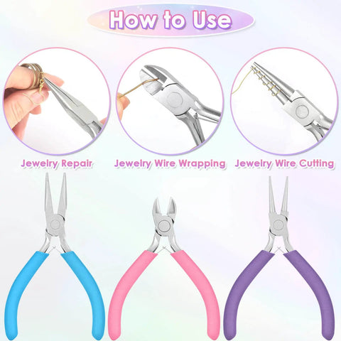 Three Piece Jewelry Pliers Set With Needle Nose Pliers, Round Nose Pliers And Wire Cutters For Jewelry Making, Jewelry Repair, DIY Beading And Wire Wrapping, And Crafts At Home shown with usage examples