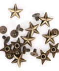 Star-shaped rivet studs set with 14mm Chicago screws in antique bronze for DIY clothes, purses (front view, 50 pcs)