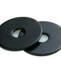Close-up of two black zinc-plated fender washers, 1/4 inch with 1 inch OD, part of 50 Pcs Quarter Inch Fender Washer Black Zinc Plated 1 Inch OD Flat Washers For Screws And Bolts Beefy Heavy Duty Hardware For Automotive And Home Repair Rust Resistant And Durable.